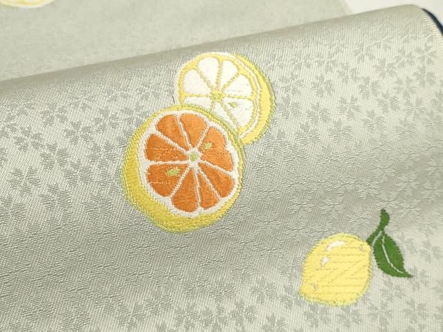  上 西陣 岡文織物謹製 名古屋帯 帯反物 レモン 檸檬 グレープフルーツ 果物 証紙付き kh 6 名古屋帯 帯