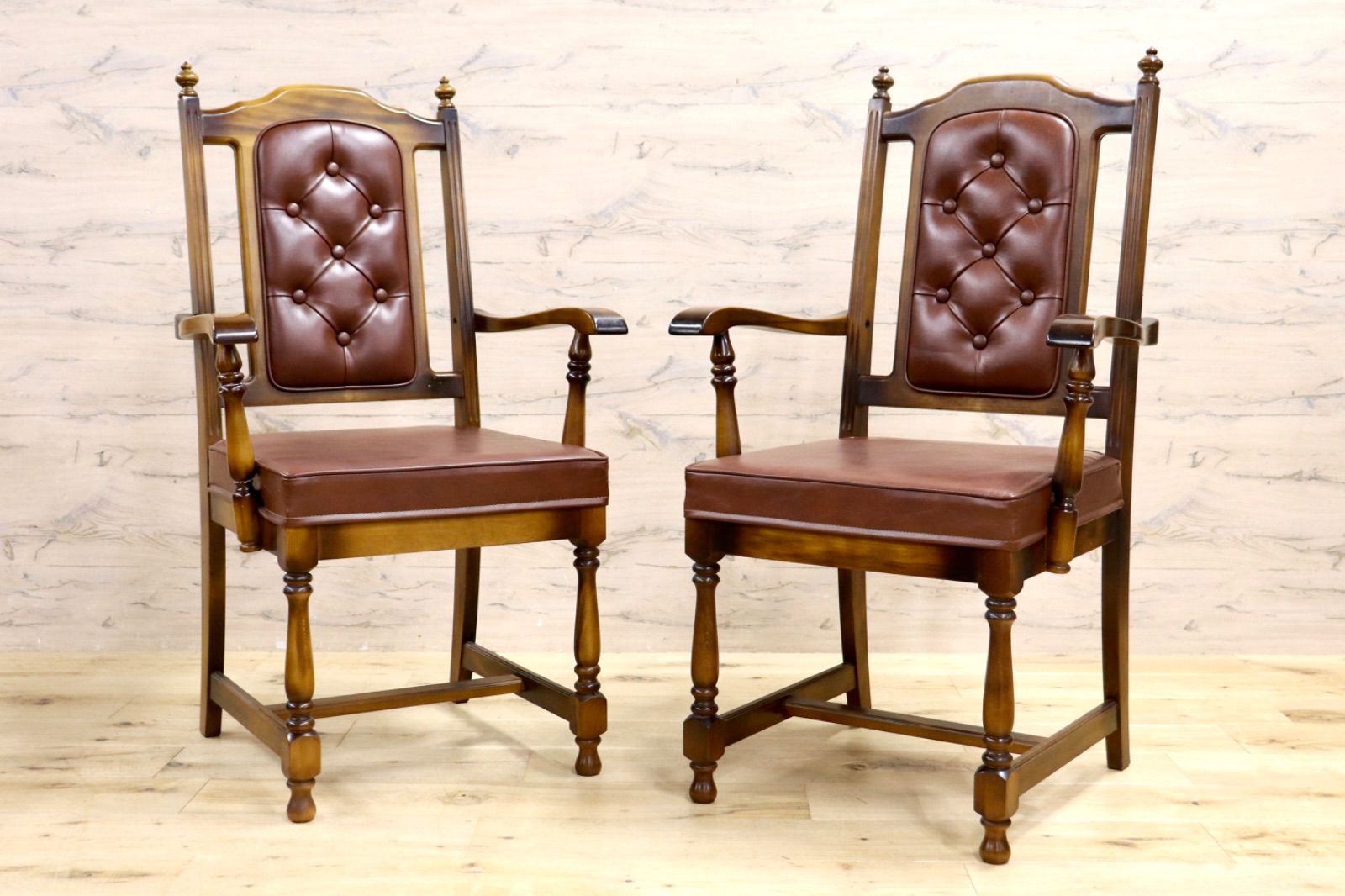 karimoku カリモク ダイニングチェア 2脚セット アームチェア 椅子 レザー ヴィンテージ アンティーク