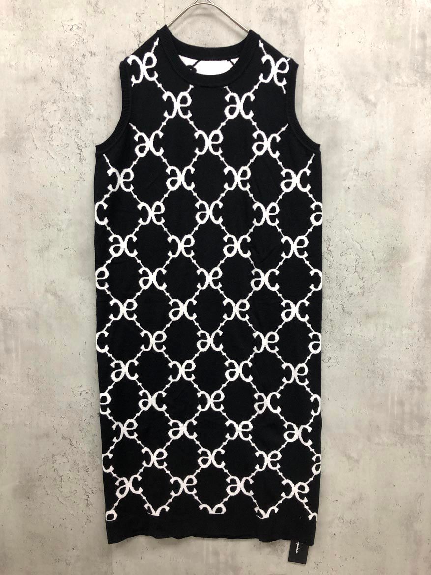 Anne Coquine アンコキーヌ モノグラム柄 藤島彩子 ノースリーブニット ワンピース sizeM 黒×白 レディース