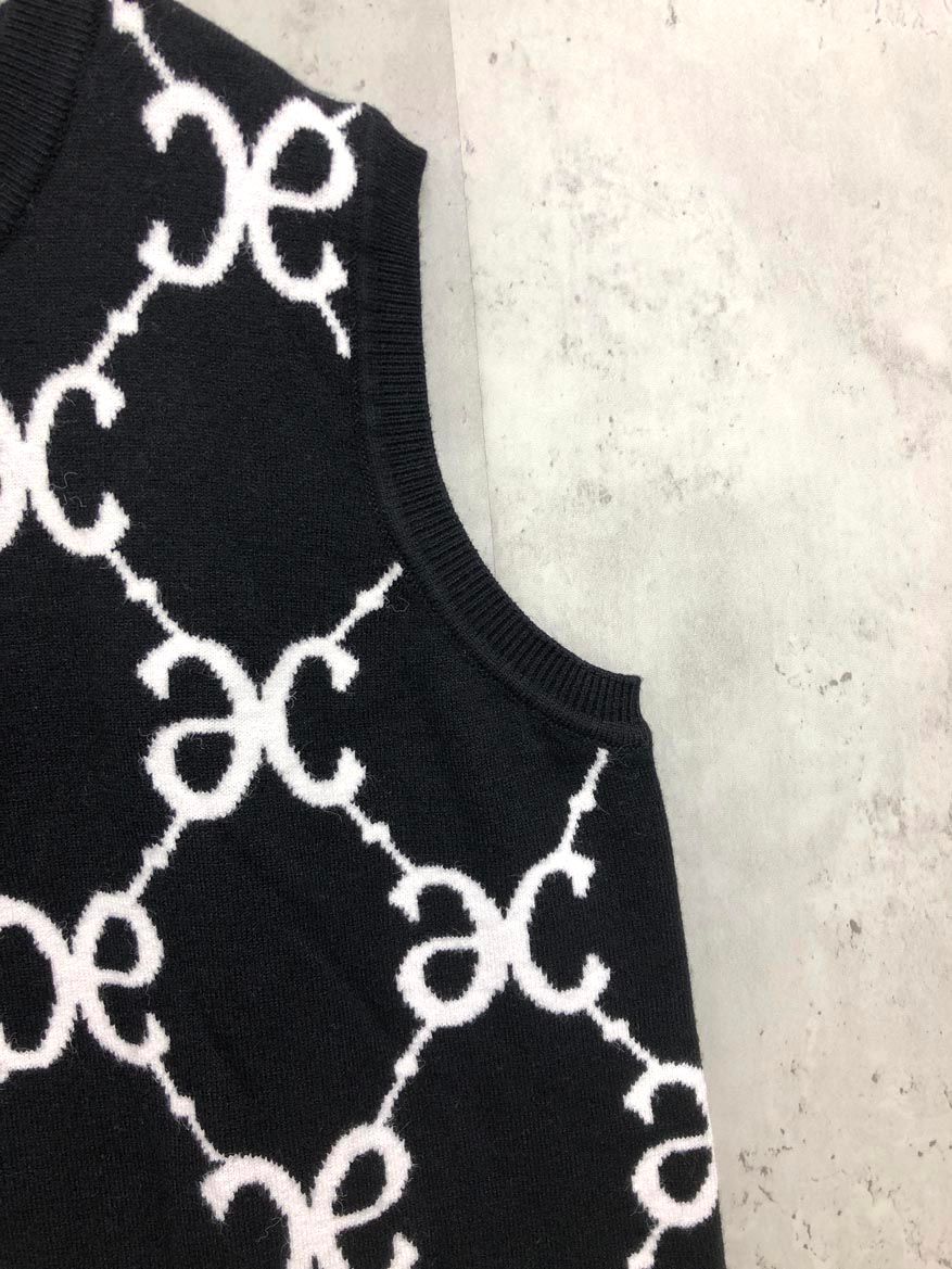 Anne Coquine アンコキーヌ モノグラム柄 藤島彩子 ノースリーブニット ワンピース sizeM 黒×白 レディース