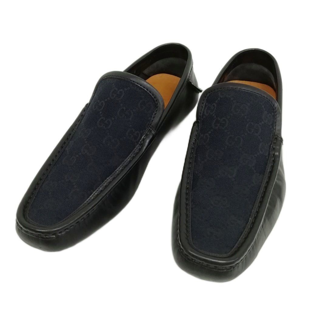 グッチ GUCCI 153991 GGキャンバス レザー スリッポン ローファー 8 ブラック