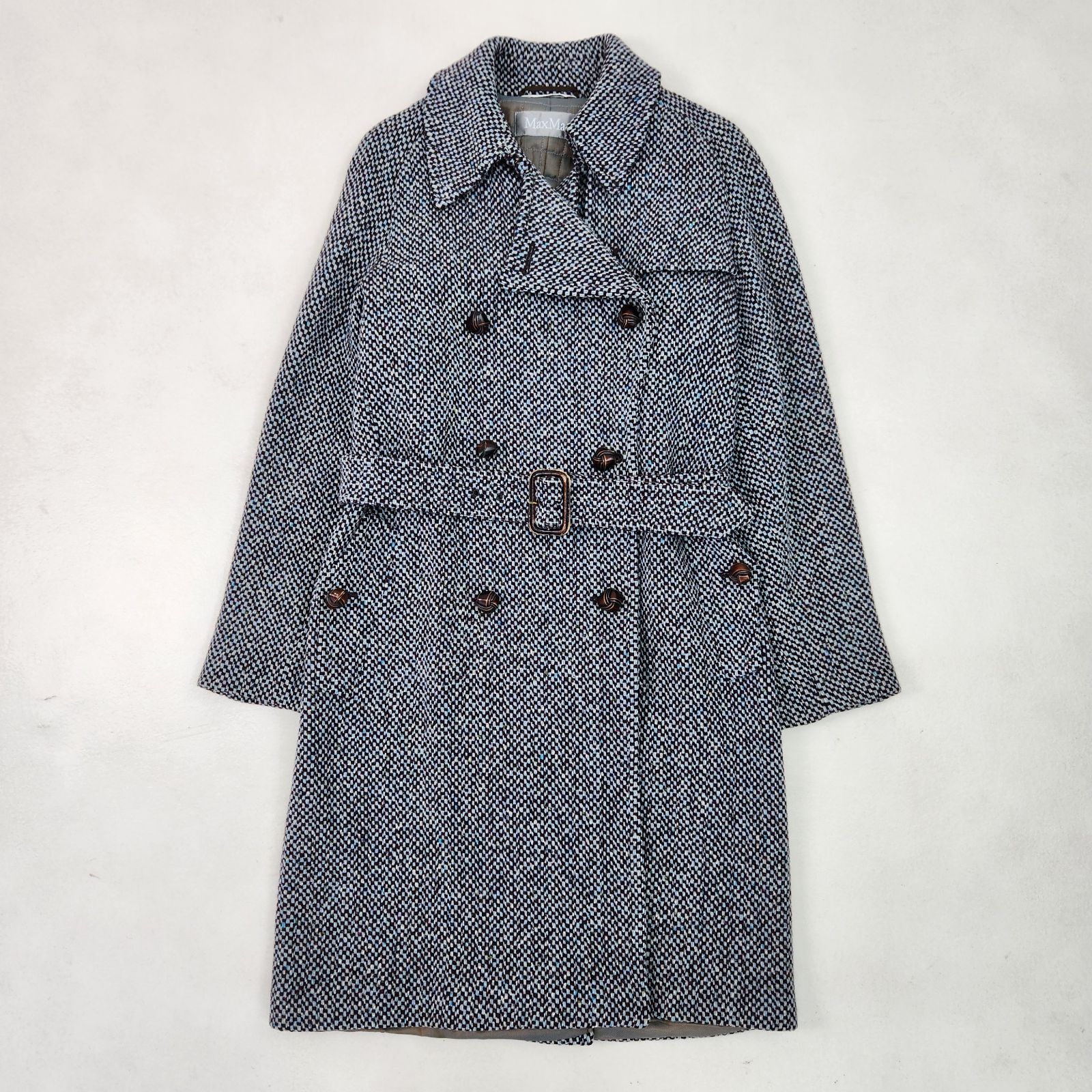 マックスマーラ ベルテッドコート ツイード くるみボタン 銀タグ 38