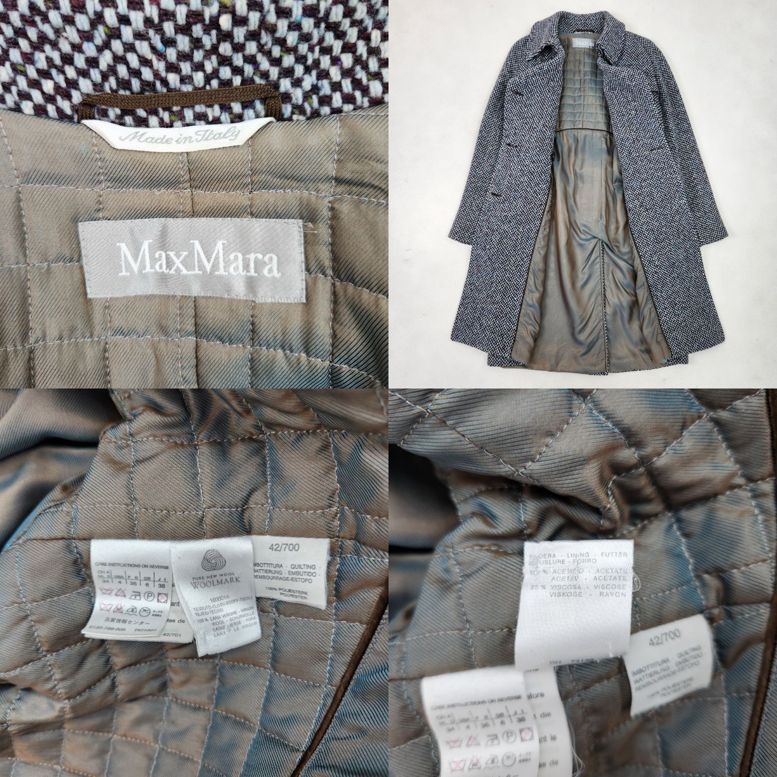 マックスマーラ ベルテッドコート ツイード くるみボタン 銀タグ 38