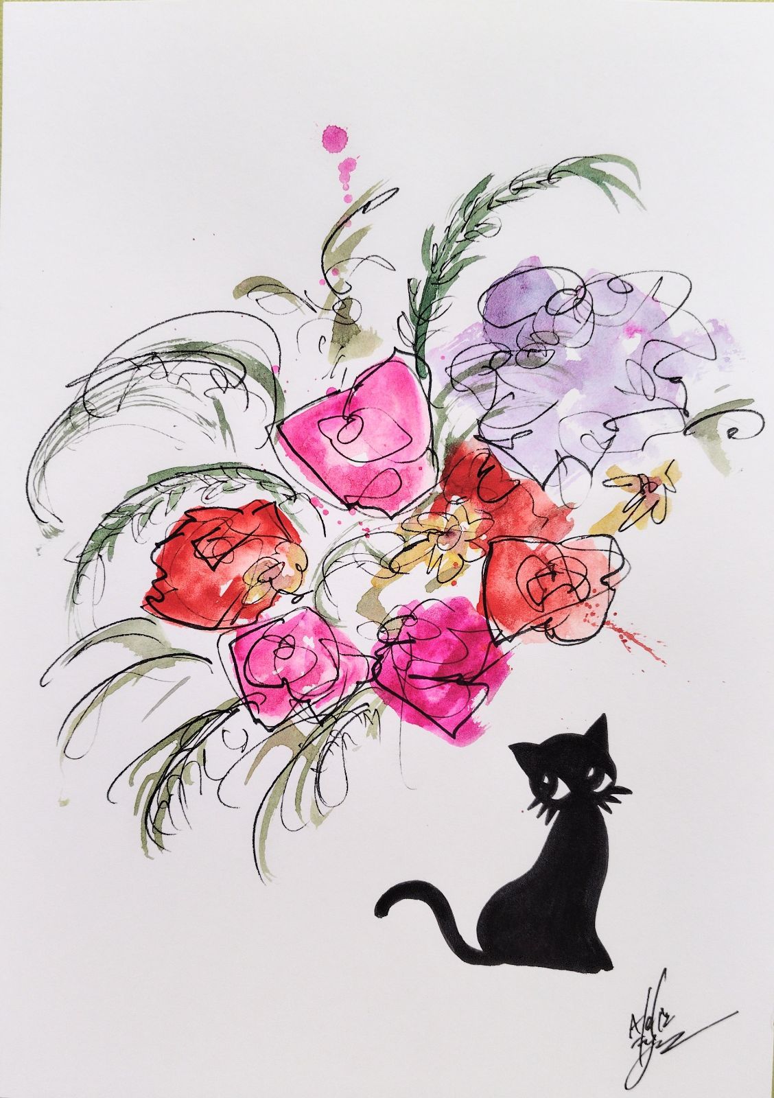 原画#42 黒猫 猫 薔薇 花 イラスト 水彩画 ドローイング インテリア