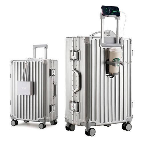 Yuweijie スーツケースアルミフレームタイプキャリーケース機内持込可シルバーs m l xlサイズ3泊4日55 バッグかけフック付きキャリーバッグカップホルダー付きスマホホルダー付き軽
