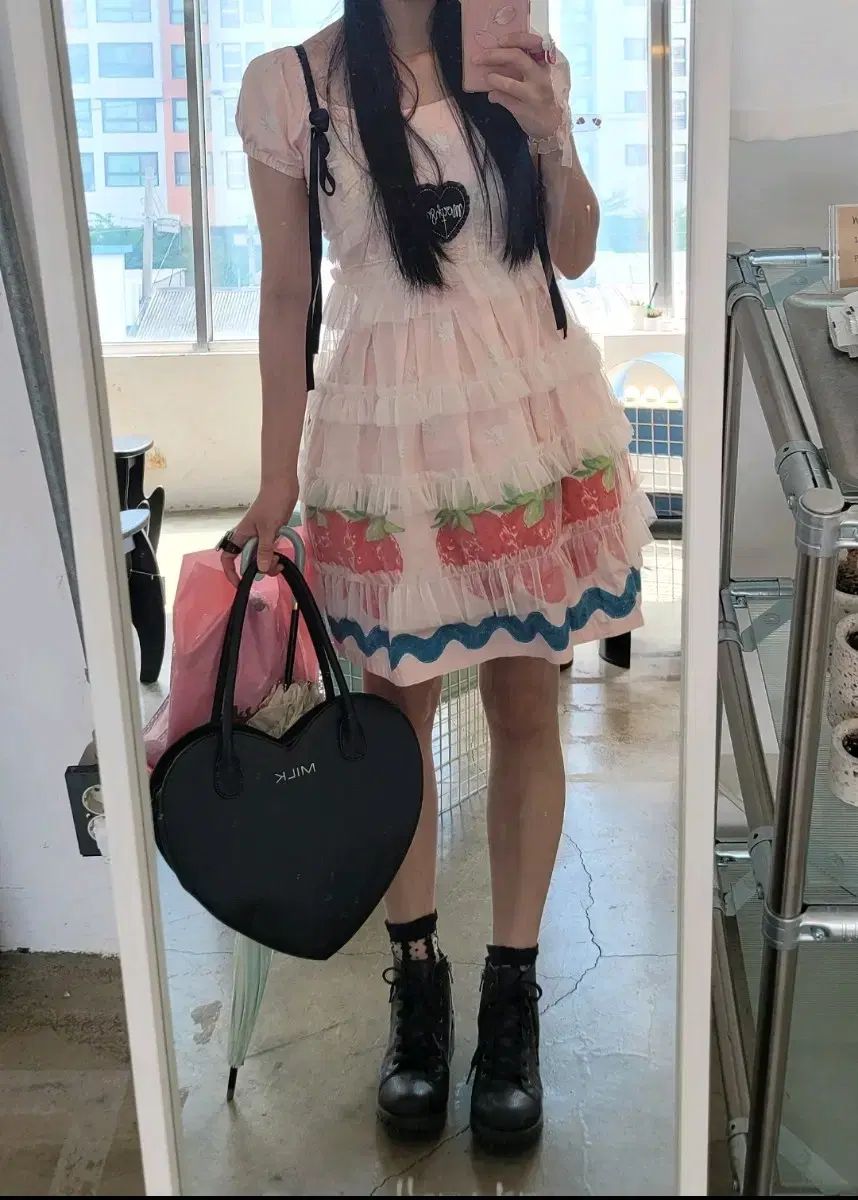  エミキュー ストロベリー 휩 원피스 長袖 七分袖 ひざ丈ワンピース