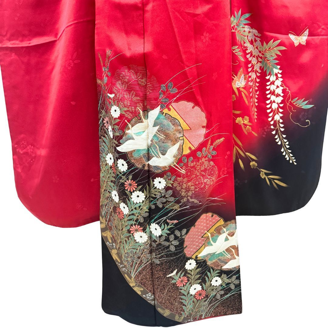 希少トールサイズ 美品 振袖6点フルセット 身丈168cm 正絹 赤×黒 雪輪