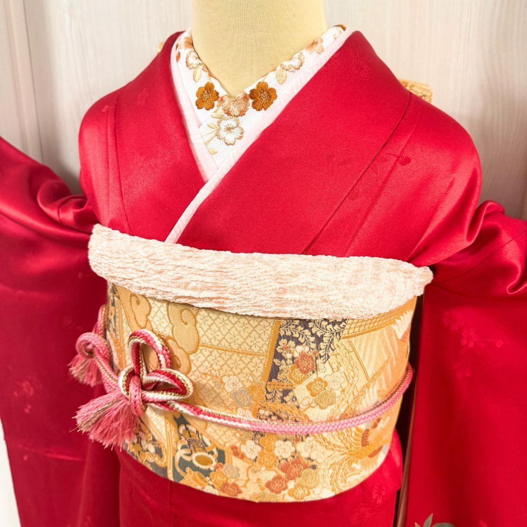 希少トールサイズ 美品 振袖6点フルセット 身丈168cm 正絹 赤×黒 雪輪