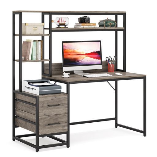 Tribesignsシェルフデスクパソコンデスク収納ラック引き出し付き幅140 cmゲーミングデスク木製机pcデスク勉強机学習デスクテレワークグレー