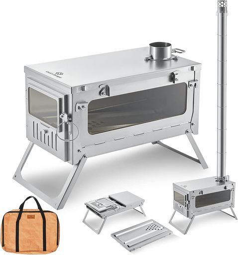 COOK’N’ESCAPEチタン薪ストーブ10点セット煙突2 m付き折り畳み式蓋付き軽量コンパクトテントストーブ焚き火台ソロキャンプ用チタンストーブ暖炉ポータブルストーブツーリング登山対応