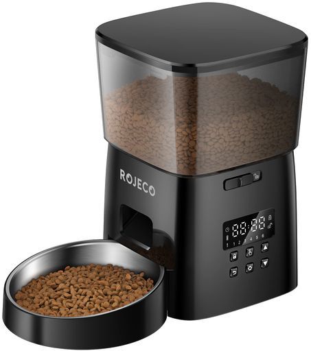 ROJECOタイマー式自動給餌器猫餌詰まり防止透明タンク多頭飼いに向け