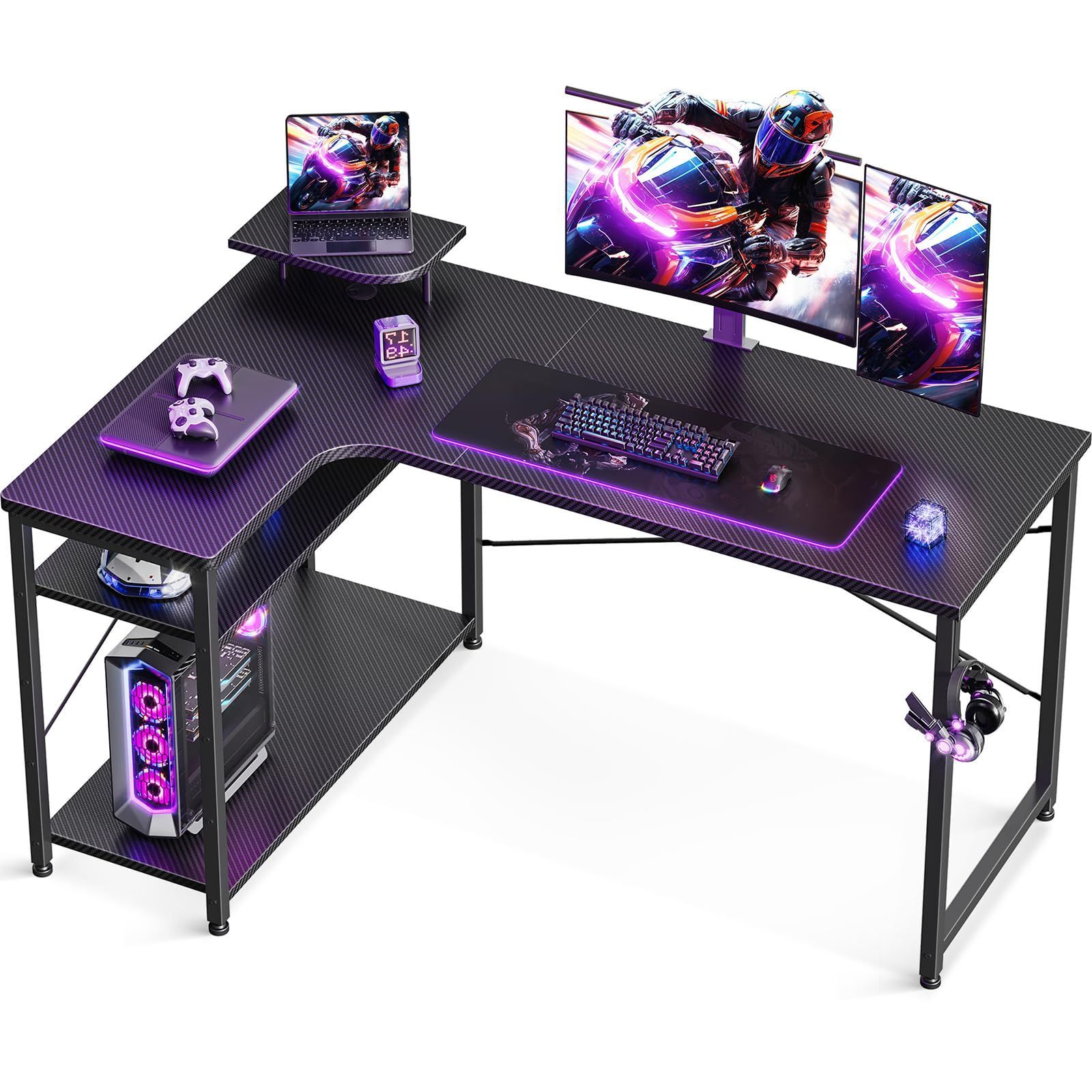 商品 ODK パソコンデスク L字 ゲーミングデスク 幅130 L字デスク 机 desk ラック付き デスク 収納 pcデスク オフィスデスク 在宅勤務 組立簡単 書斎 カーボンブラック 左棚