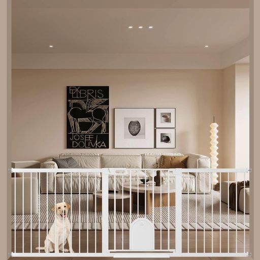 FairyBabyベビーゲートペットゲートペットドア付き猫犬ゲート高さ76 cmベビーフェンス突っ張り式ダブルロック自動閉鎖両開き扉赤ちゃんゲートベビーガード玄関階段拡張フレーム付き ホワ