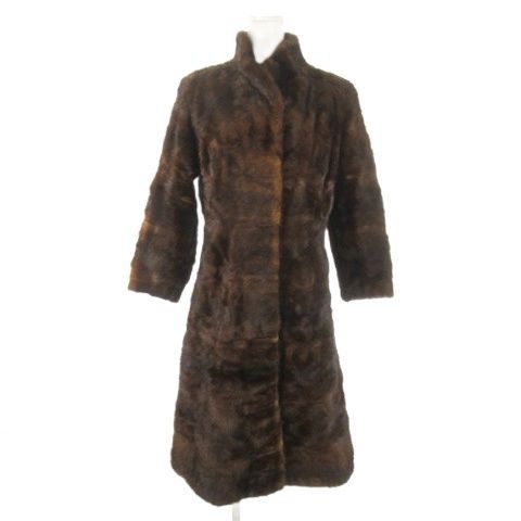 ノーブランド ファーコート ロング丈 スタンド ミンク 毛皮 茶 ブラウン AO 18 GY