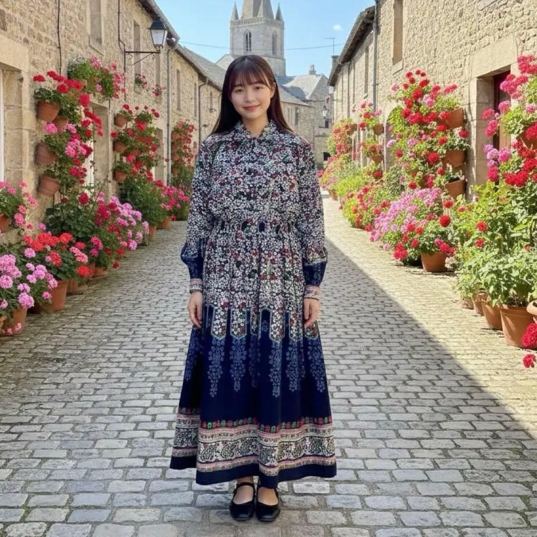 昭和レトロ 花柄長袖ロングワンピースネイビー リボン襟総柄ペイズリー