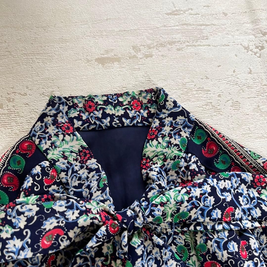 昭和レトロ 花柄長袖ロングワンピースネイビー リボン襟総柄ペイズリー
