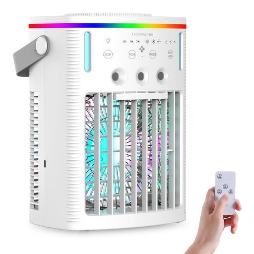 冷風機冷風扇卓上クーラー 2025 一台4役送風冷却加湿スプレー冷却熱中症と暑さ対策タイマー静音設計LEDライト搭載卓上扇風機氷冷却強力3段階風力調節スプレー用空気浄化乾燥防止