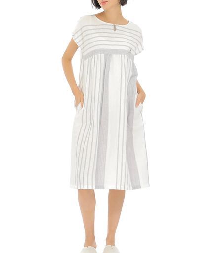 ナルエー ナイトガウン播州織ドビーウェーブガーゼボーダーワンピースレディースグレーM L