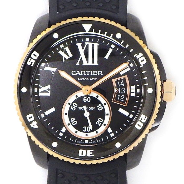 カルティエ Cartier 腕時計 カリブル ダイバー W2CA0004 ブラック文字盤 デイト クロノグラフ スモールセコンド 回転ベゼル ブラック ラバーベルト SS K18PG 自動巻き 【箱・保付き】 【中古】