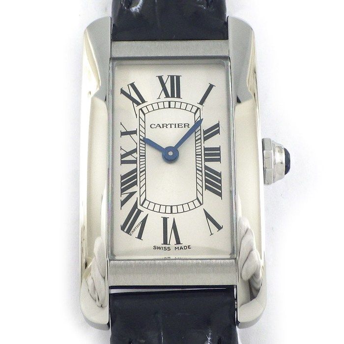 カルティエ Cartier 腕時計 タンクアメリカン SM レクタンギュラー シルバー文字盤 ローマンインデックス ブラック アリゲーターレザーベルト SS クオーツアナログ
