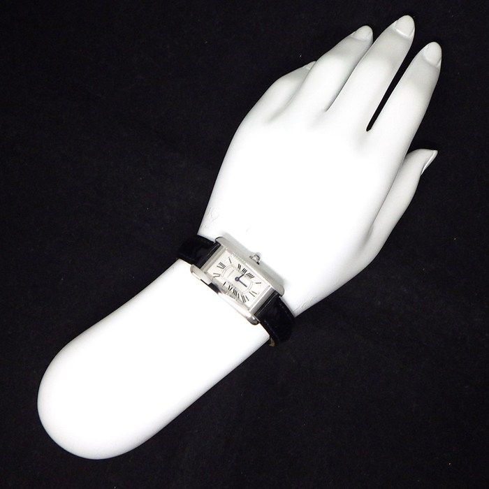  カルティエ Cartier 腕時計 タンクアメリカン SM レクタンギュラー シルバー文字盤 ローマンインデックス ブラック アリゲーターレザーベルト SS クオーツアナログ 腕時計(デジタル) 時計