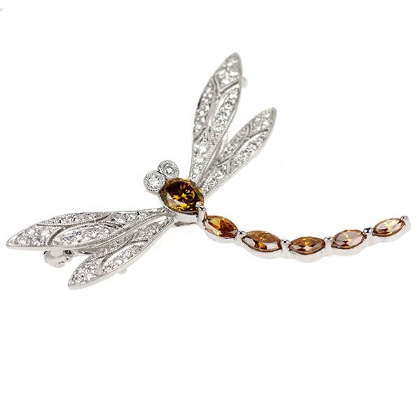 K 18 WG トリートイエローブラウン ダイヤモンド ブローチ 1.13 D 0.52 ct とんぼ