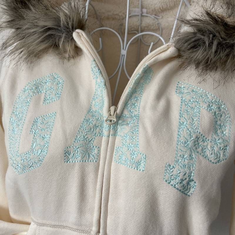 GAP Y2K Fur Trim Fleece Lined Zip Hoodie Kids 140 Ivory