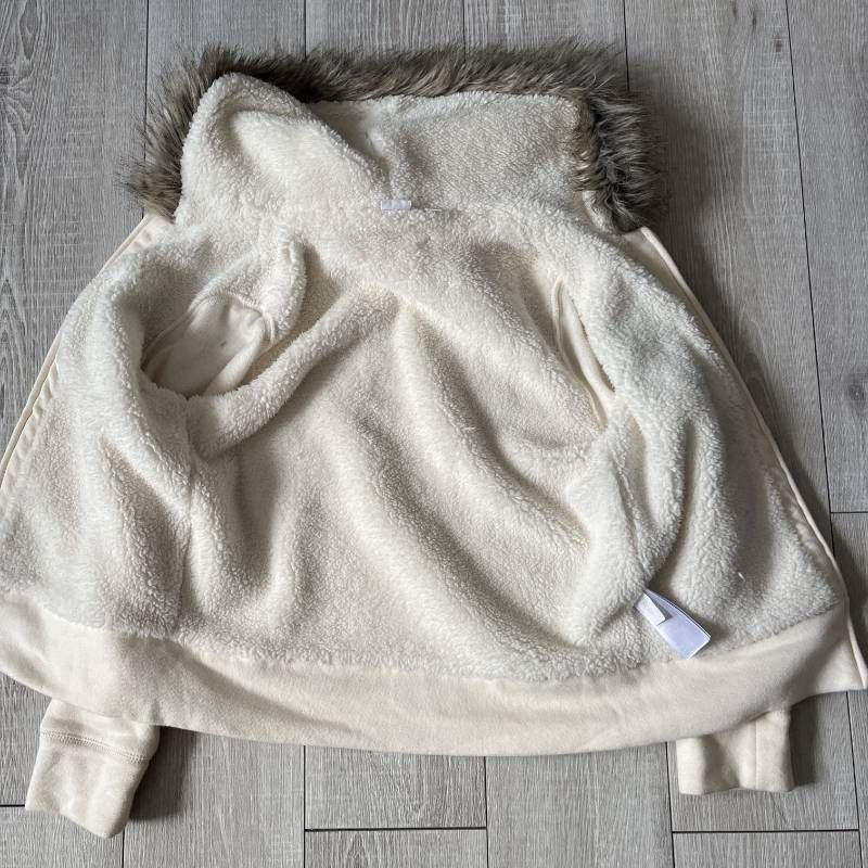 GAP Y2K Fur Trim Fleece Lined Zip Hoodie Kids 140 Ivory