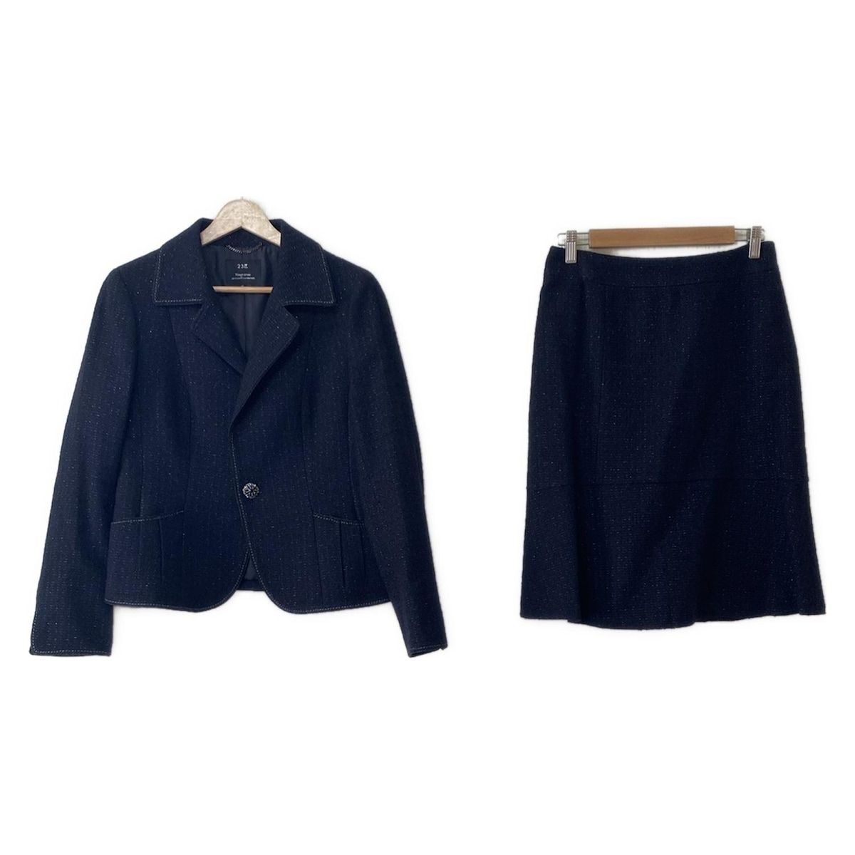 23区 ニジュウサンク スカートスーツ レディース 黒 ネイビー ツイード ラメ ラインストーン
