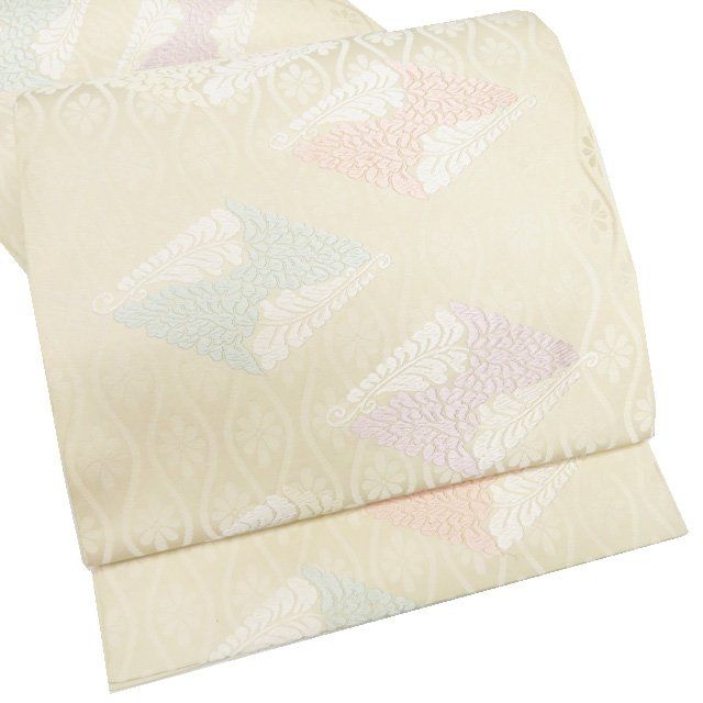 袋帯 本袋帯 リサイクル 正絹 セミフォーマル 仕立て上がり 六通 唐織 花立涌模様 菱文 練色 多色 きもの北條 A 1266-15