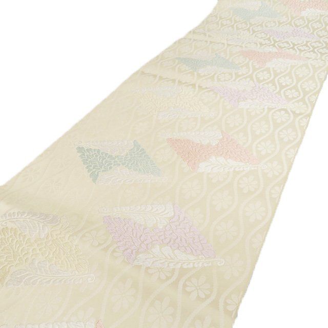 袋帯 本袋帯 リサイクル 正絹 セミフォーマル 仕立て上がり 六通 唐織 花立涌模様 菱文 練色 多色 きもの北條 A 1266-15