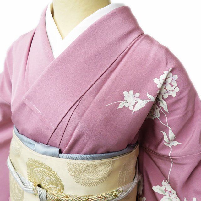 訪問着 着物 正絹 単衣 フォーマル 作家物 落款 花の図 石竹色 身丈162 cm 裄66.5 M ワイド きもの北條 A 852-3