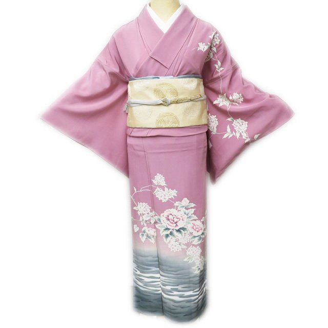 訪問着 着物 正絹 単衣 フォーマル 作家物 落款 花の図 石竹色 身丈162 cm 裄66 5 M ワイド きもの北條 A 852 3