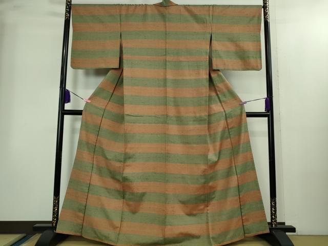 平和屋本店▽極上 伊兵衛織 工芸手織 単衣 横段文 証紙付き 逸品