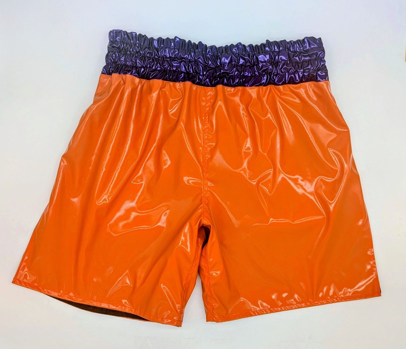 試合用衣装に エナメル生地のボクシングトランクス 股下20 cm オレンジ パープル メンズL 4 Lサイズ 格闘技衣装 エナメル衣装 受注生産 なクーポン利用可