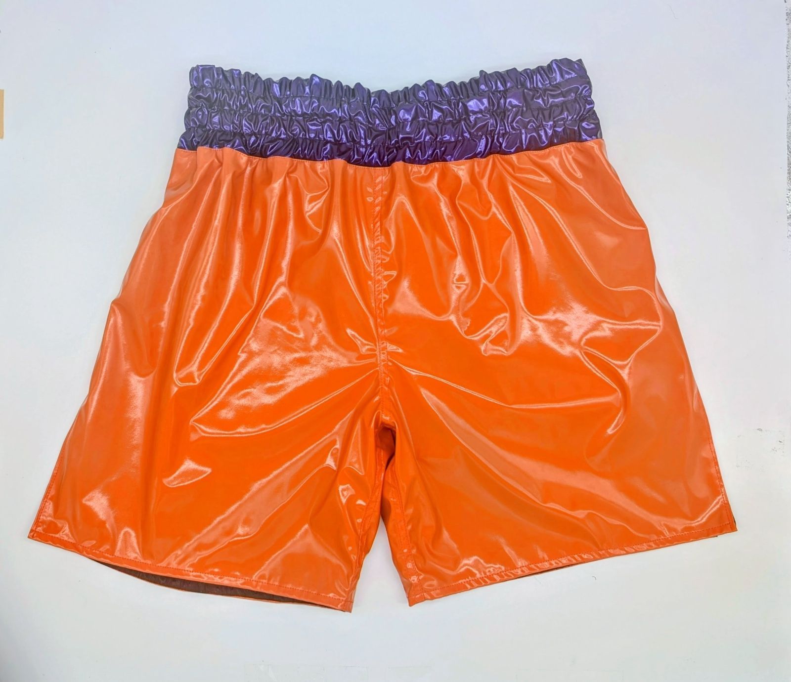 試合用衣装に エナメル生地のボクシングトランクス 股下20 cm オレンジ パープル メンズL 4 Lサイズ 格闘技衣装 エナメル衣装 受注生産 なクーポン利用可