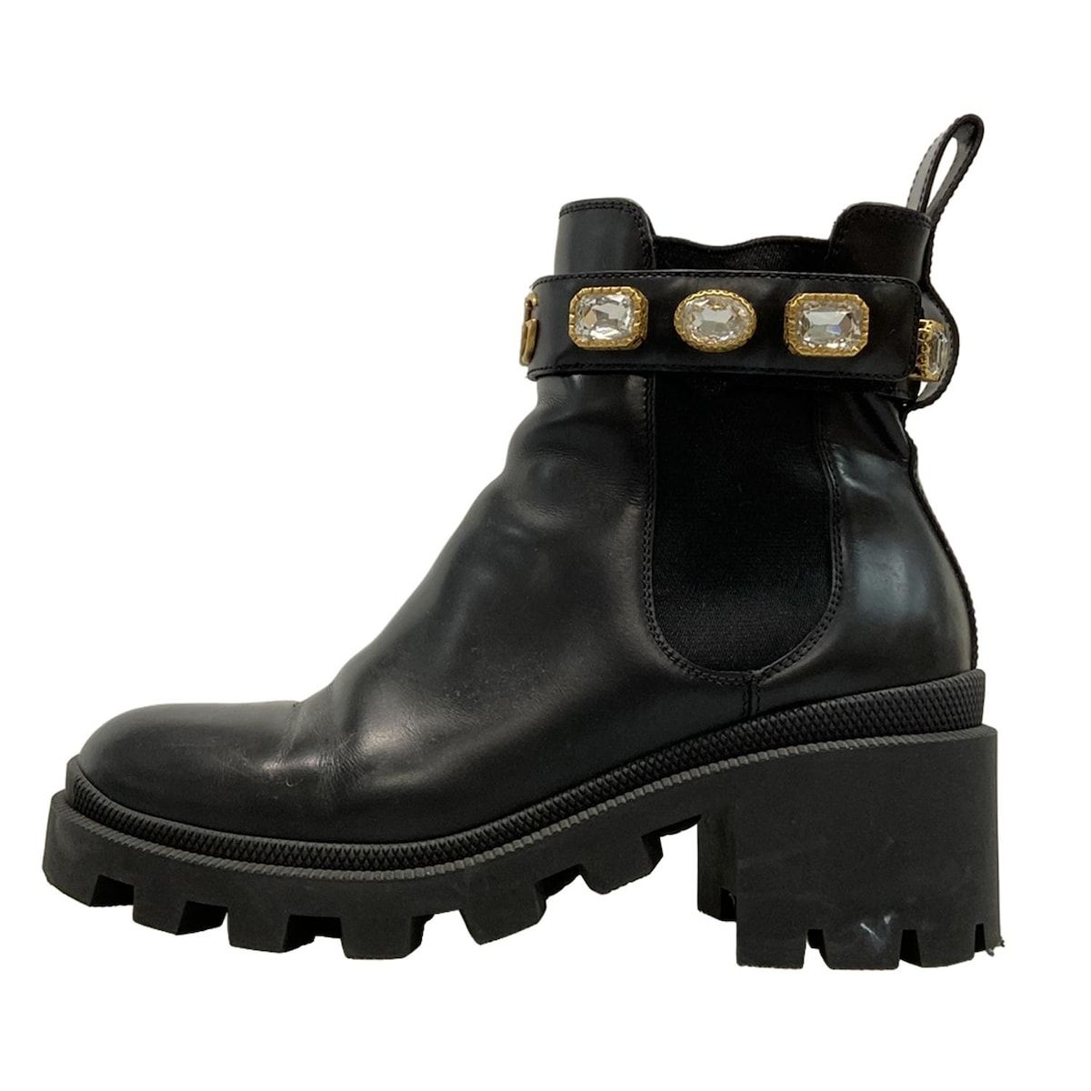 GUCCI グッチ ショートブーツ 37 レディース 550036 黒 サイドゴア ビジュー ダブルG ベルト取り外し可 レザー