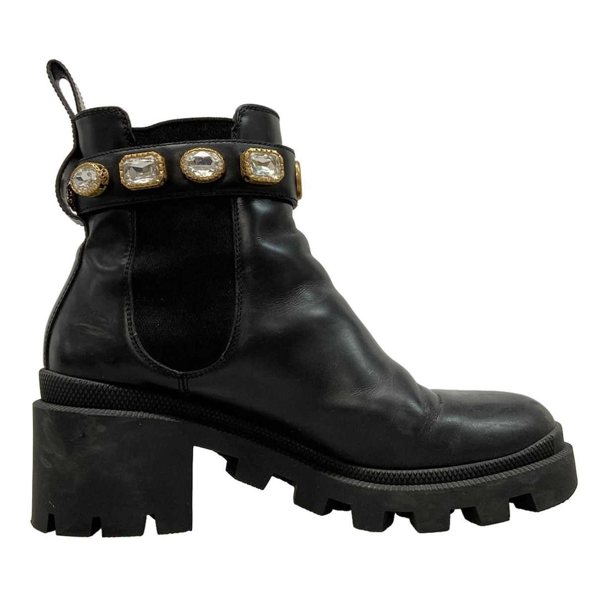 GUCCI グッチ ショートブーツ 37 レディース - 550036 黒 サイドゴア ビジュー ダブルG ベルト取り外し可 レザー