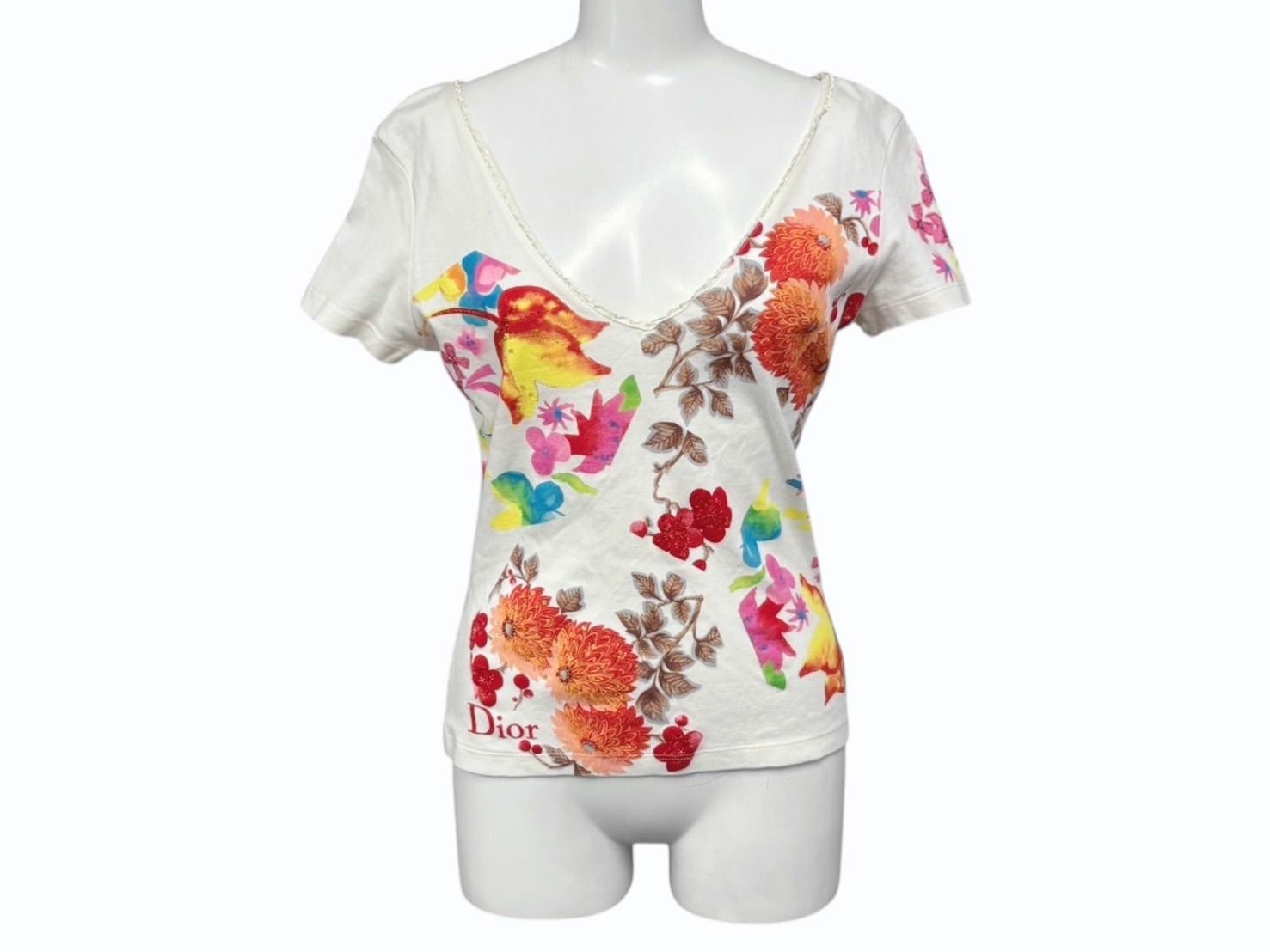 Christian Dior クリスチャンディオール Vネック半袖Tシャツ サイズ40 マルチ ガリアーノ期 総柄 4 b 010383