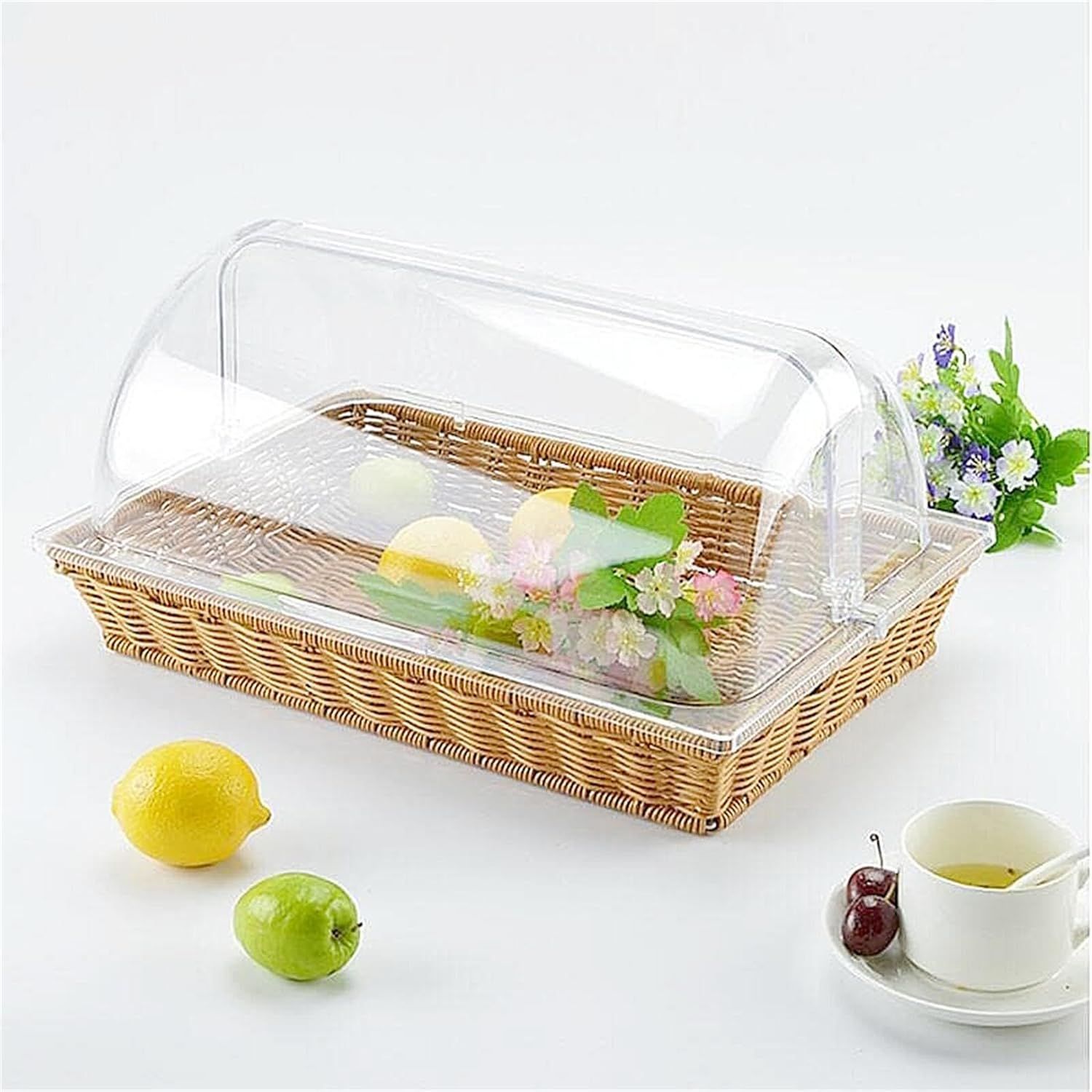 推薦 ケーキスタンド アクリル樹脂 ケーキカバー ケーキドーム ケーキプレート フルーツプレート デザート スナック ケーキ 透明 果物収納 パンかご フードカバー 籐織り 53 33 29 cm