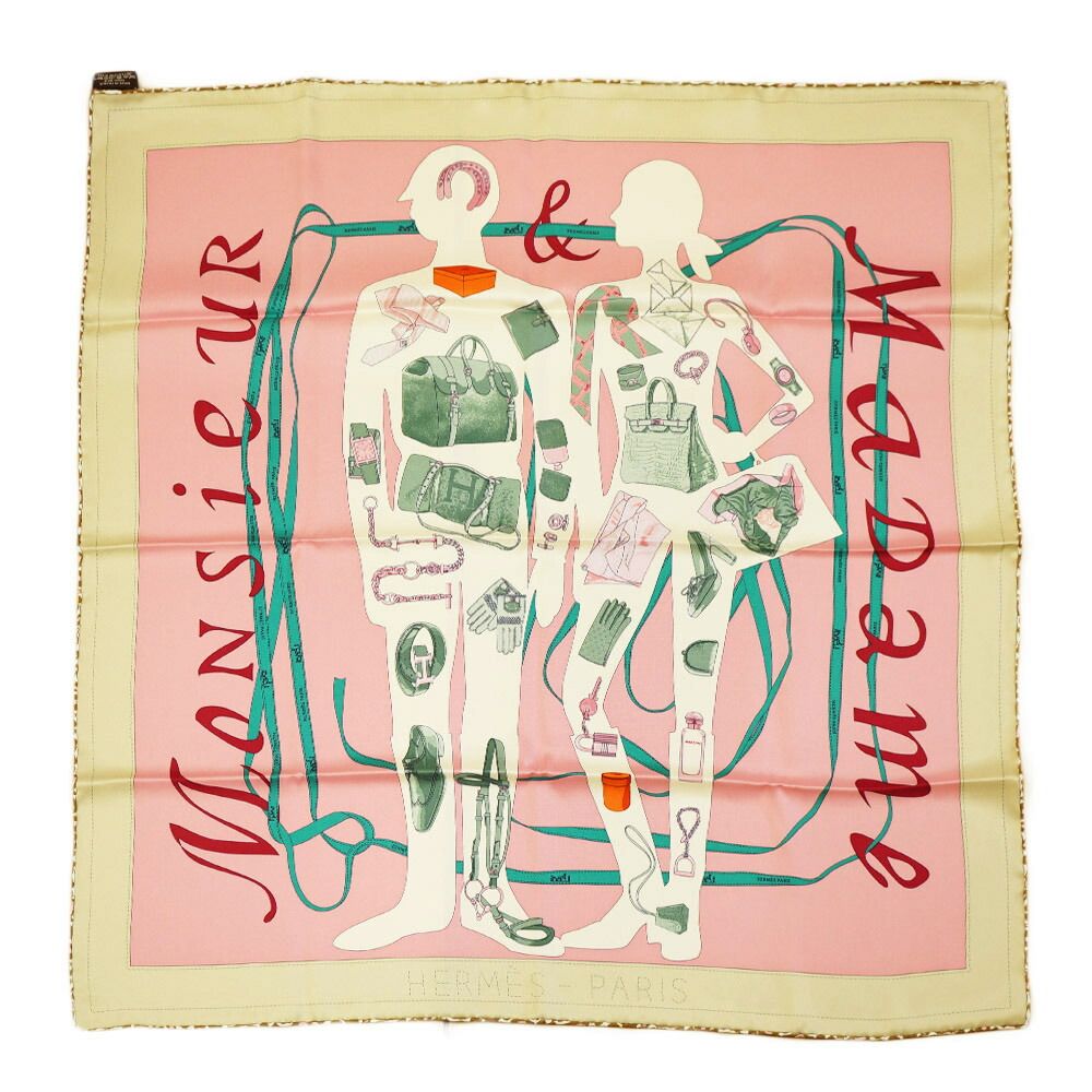 栄 エルメス カレ70 982355 S MONSIEUR ET MADAME スカーフ ベージュ ローズ ピンク シルク 小物 その他 箱
