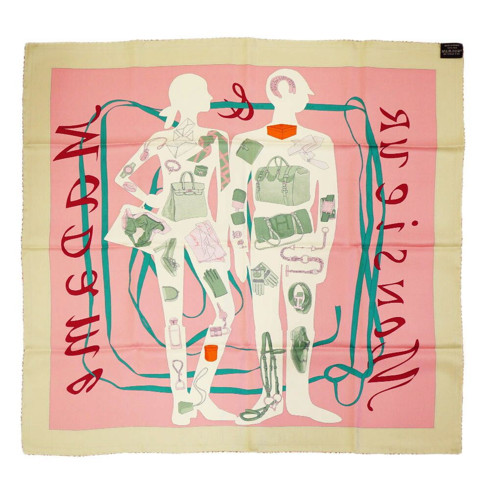 栄 エルメス カレ70 982355 S MONSIEUR ET MADAME スカーフ ベージュ ローズ ピンク シルク 小物 その他 箱