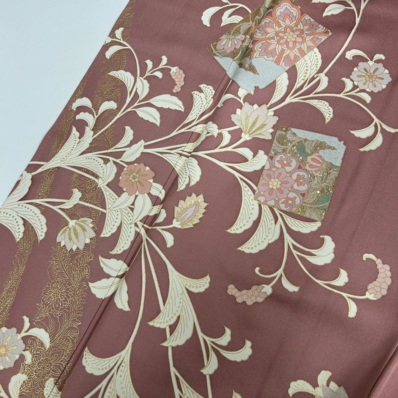 M-374 着物 反物 正絹 金彩 手描 花柄 M-374 着物 反物 正絹 金彩 手描
