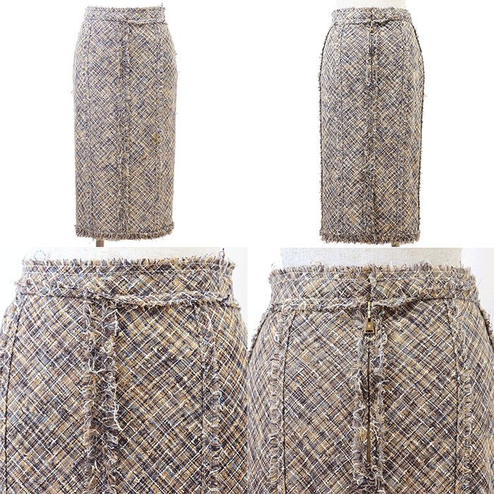  LOUIS VUITTON ルイ ヴィトン セットアップ リネンブレンド ツイード フリンジ クリスタルボタン ジャケット ショートレングス 短丈 スカート ロゴ 膝下丈 レディース サイズ 36 キャメルネイビー フランス製 その他 その他