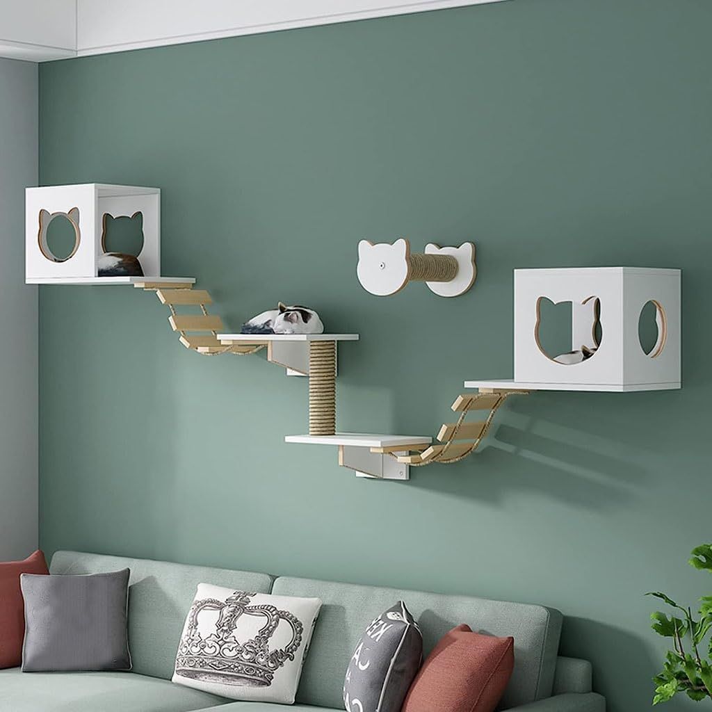 推薦 キャットウォーク 壁掛け キャットステップ 壁掛け猫クライミングフレーム セット 壁掛け式の白色の猫の這う棚天然無垢材は実用的で空間を節約します