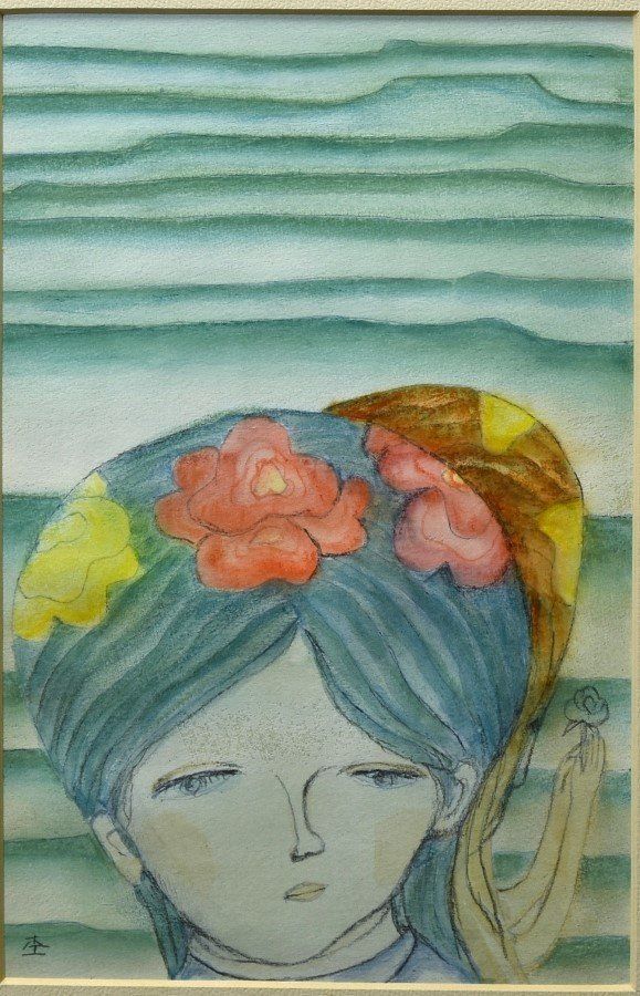 蔵A 2187 a 杢田たけを 水彩 花かんむりの少女 額装