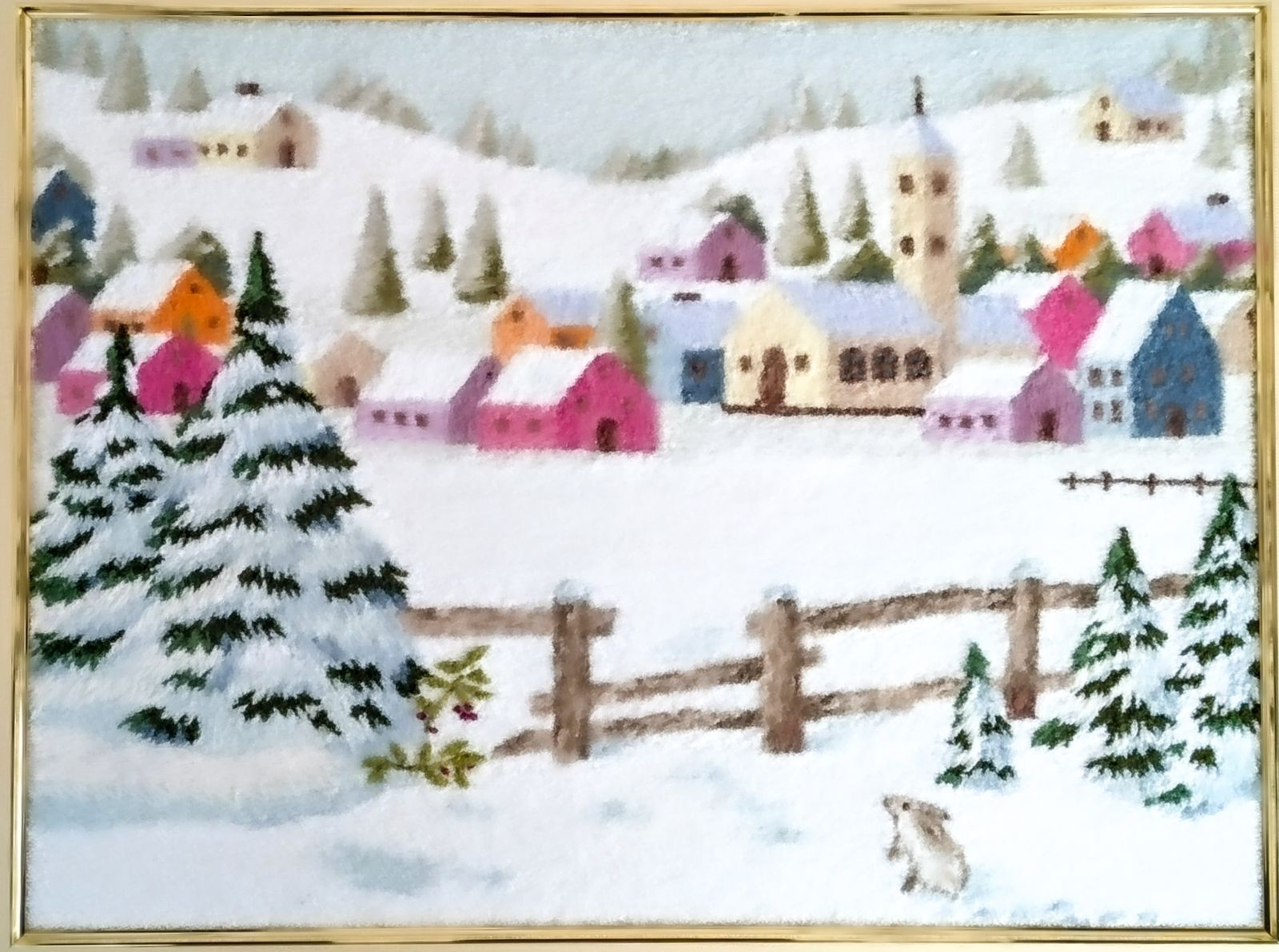 文化刺繍アート 雪の村 額入り 刺繍絵画 ハンドメイド 昭和レトロ