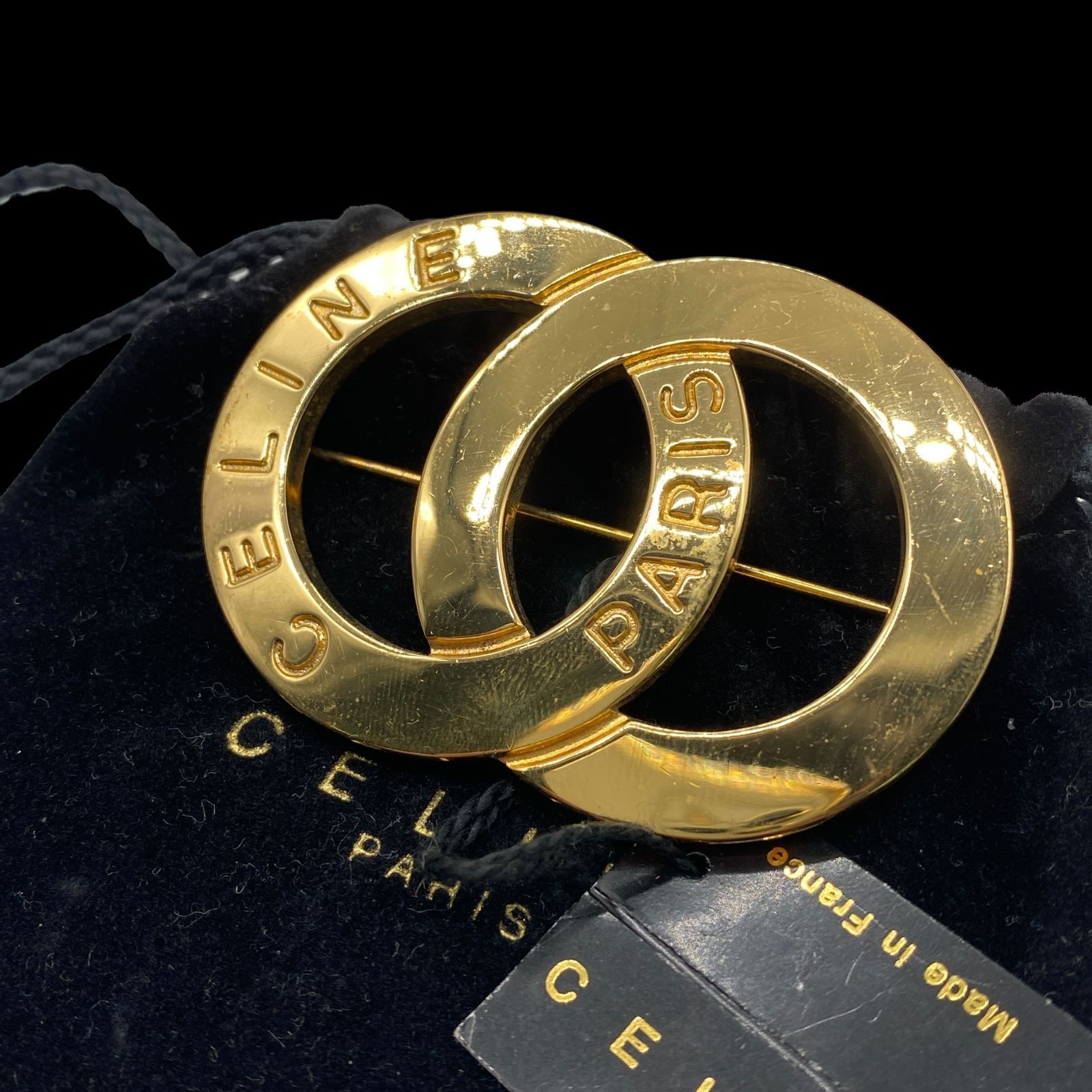 希少 CELINE セリーヌ 大ぶり サークルロゴ ブローチ ゴールド