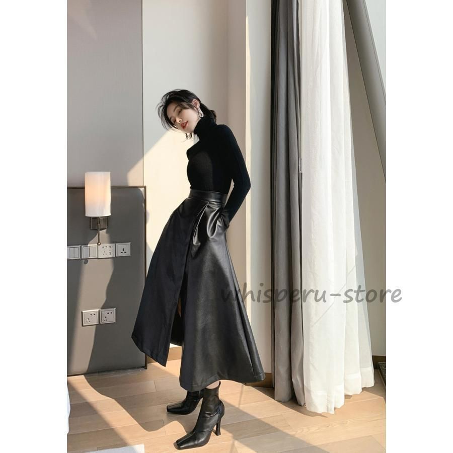 レザースカート レディース ロングスカート マキシ丈 スリット PU Aライン ハイウエスト 上品 フェイクレザー 革スカート 感 チノパン パンツ