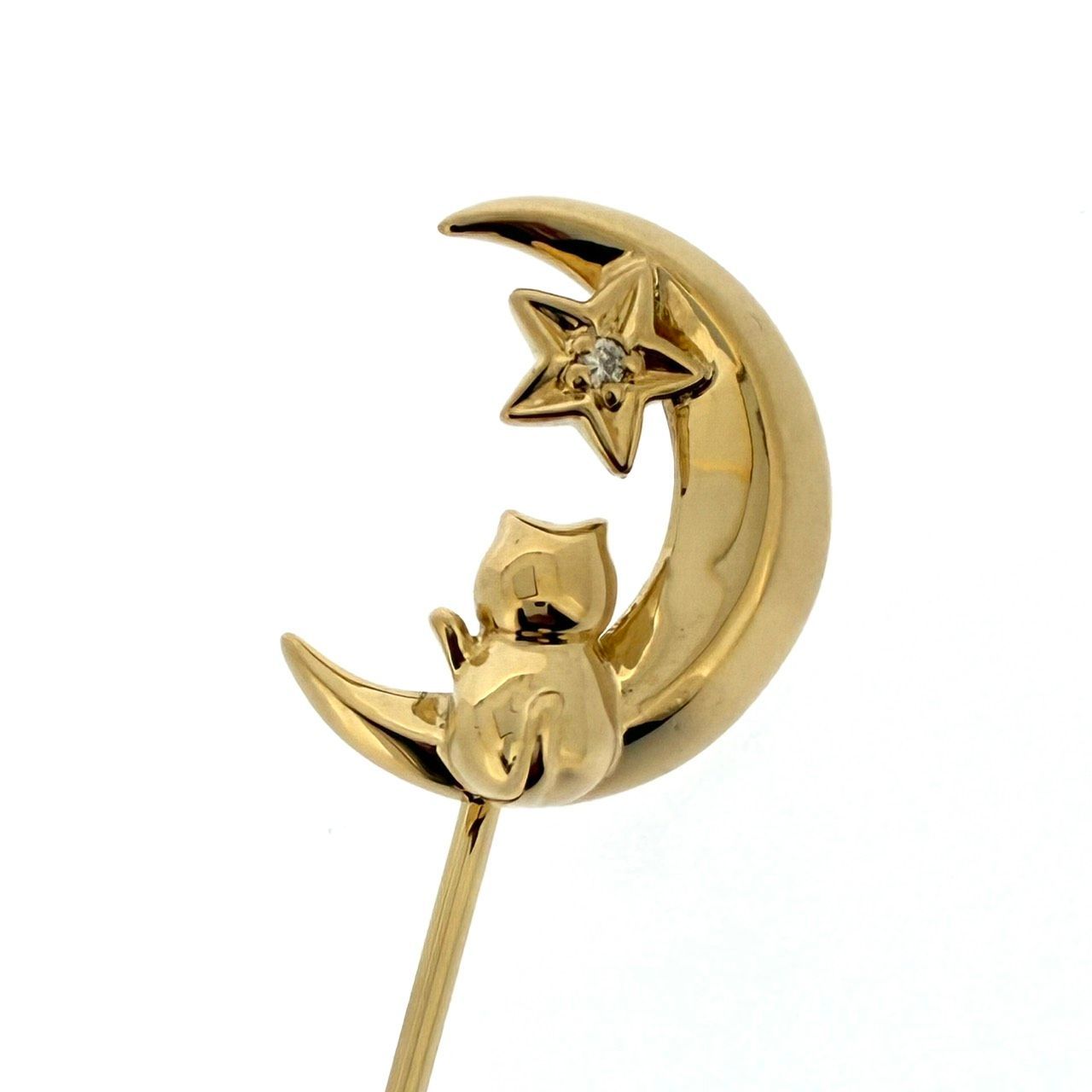 新品仕上済み K18 ダイヤモンド ピンブローチ D:0.01ct ネコ 月 三日月